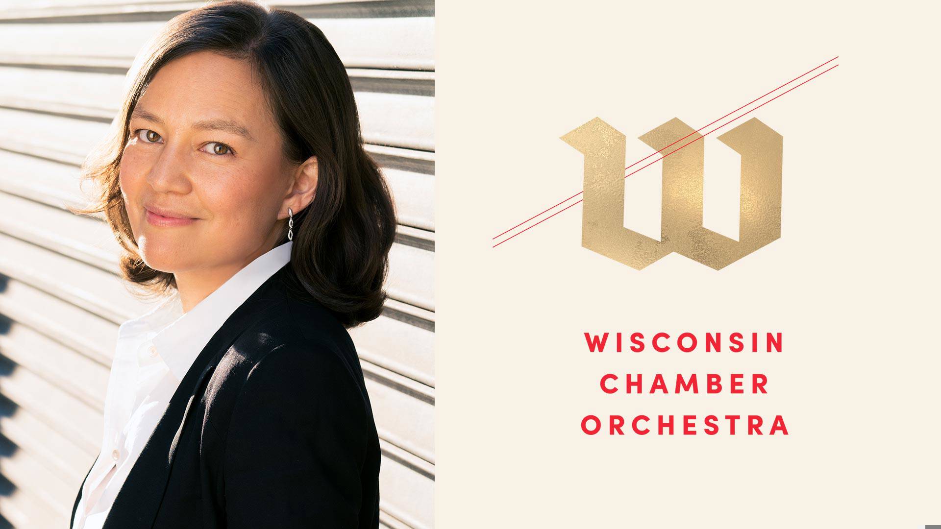 Banner text reads: Wisconsin Chamber Orchestra Two American Masters. A white woman with dark hair and a black jacket on smiles towards the viewer.