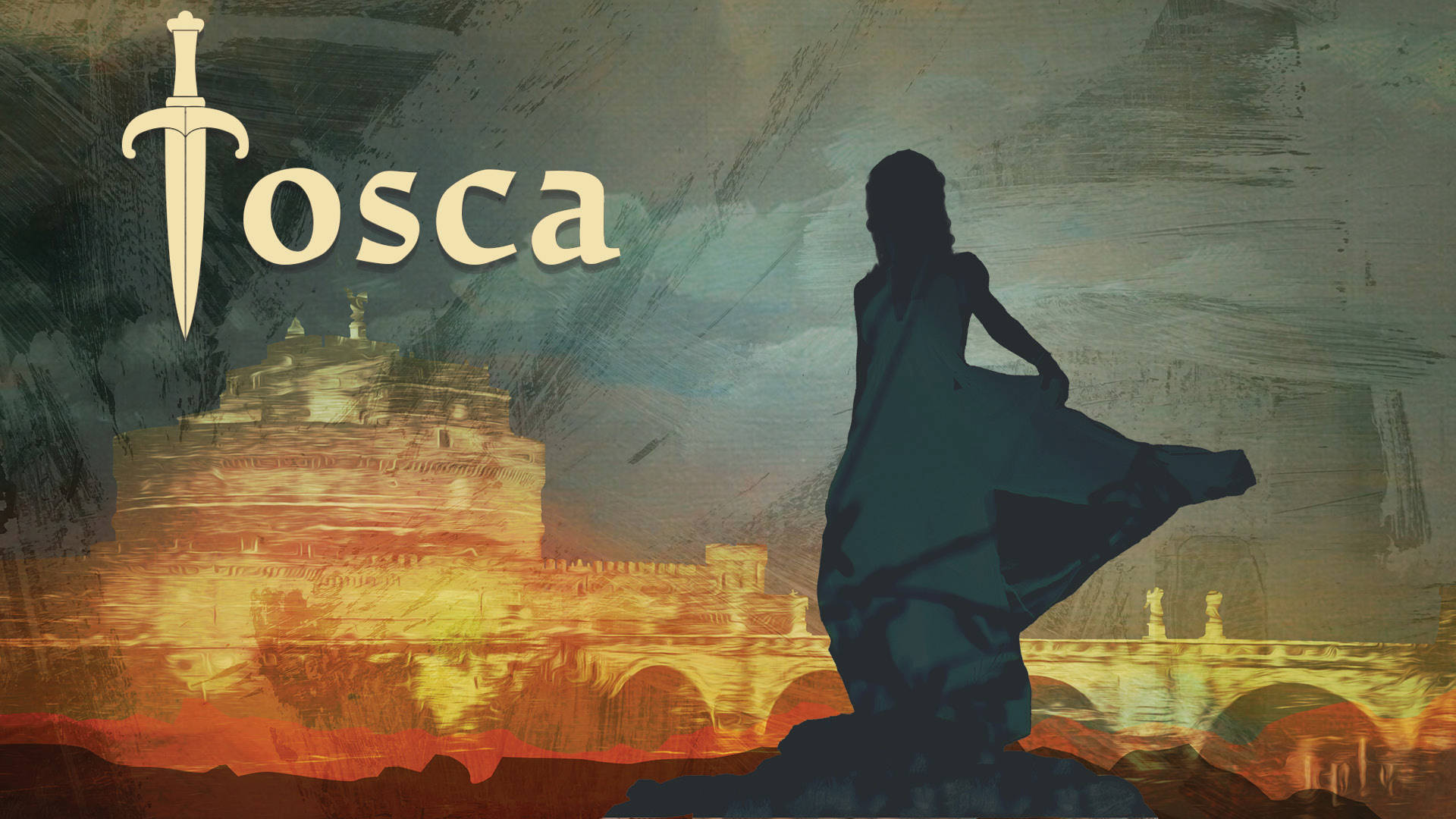 Silhouette of a woman with a billowing dress looking at a distant palace.