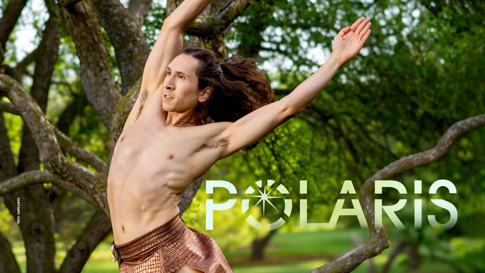 Banner reads: "Polaris." A shirtless light complexion dancer with long brown hair in shiny. brown leather shorts has their arms raised in a pose in front of a tree with lush green leaves.
