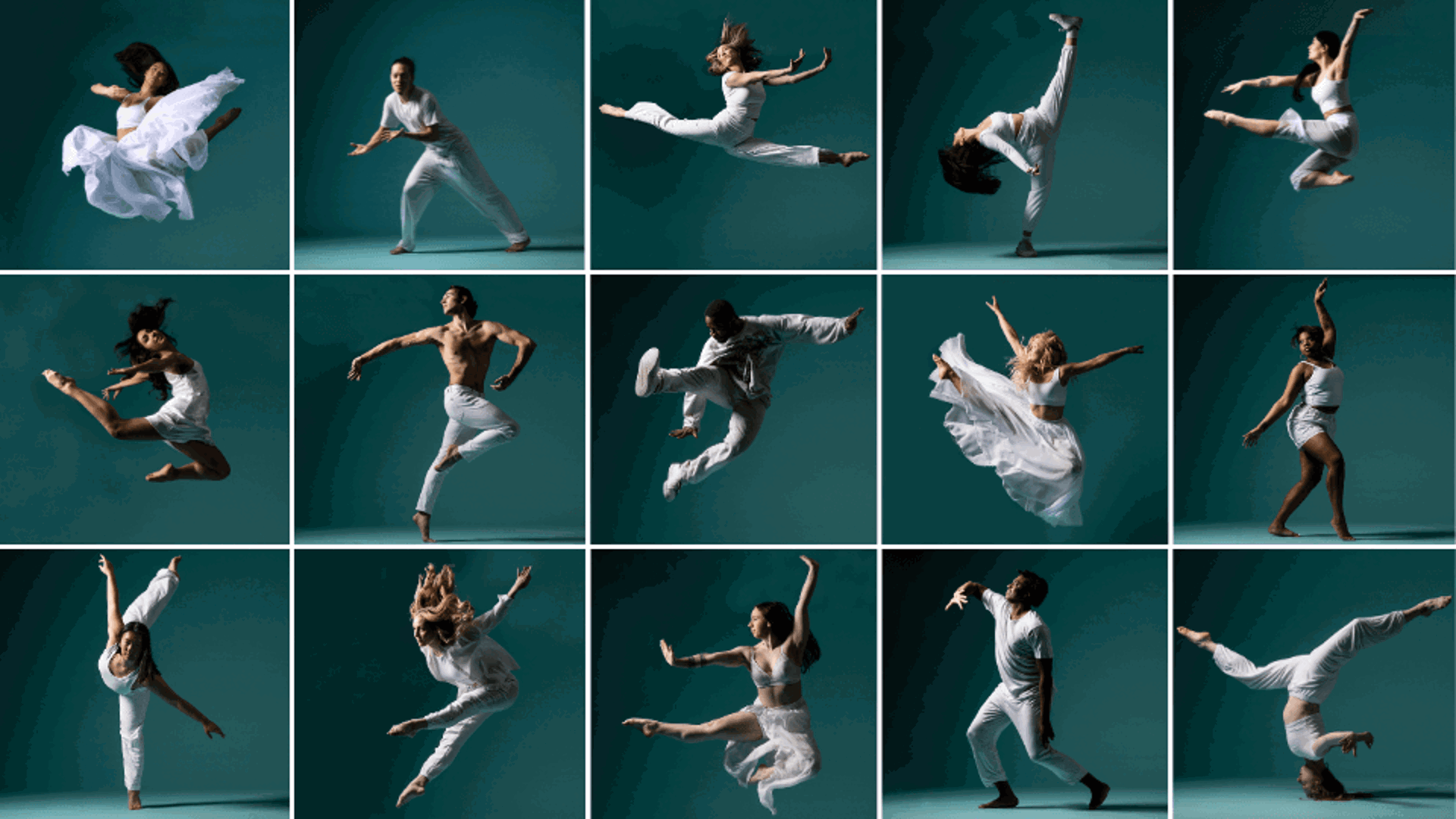 15 square thumbnails that show various dancers in white clothing. Each is in a unique pose. The background of each thumbnail is teal.