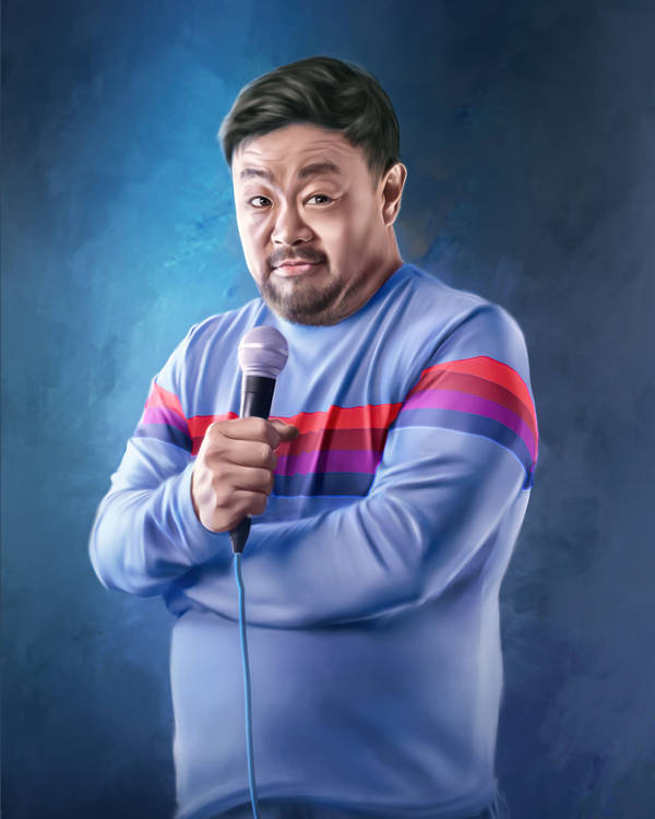 Illustration of Chris Grace, a middle aged man with medium complexion and short black hair, holding a microphone with curious look on his face. He is wearing a blue shirt with red, purple and blue horizontal stripe 