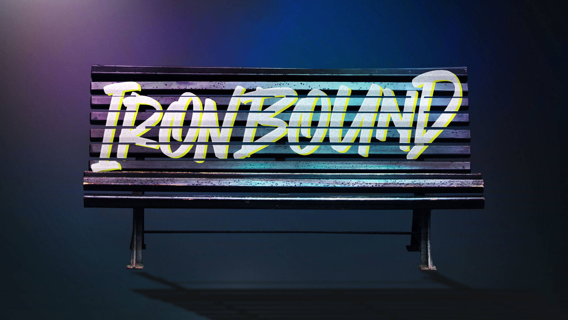 A dark purple banner with a black park bench that reads "Ironbound" in graffiti text on the chair's backing.