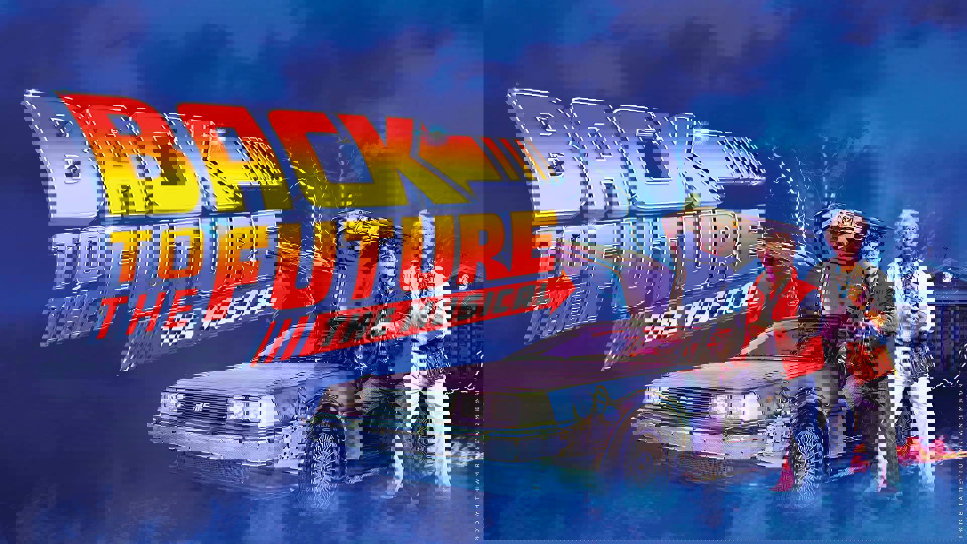 Blue banner reads: "Back to the Future The Musical" in bold yellow and red glossy letters. Doc, an older white man with white curly hair in a white jumpsuit, and Marty McFly, a young white man in denim with a red vest, stand together next to a DeLorean silver car as lightning and clouds surround them.
