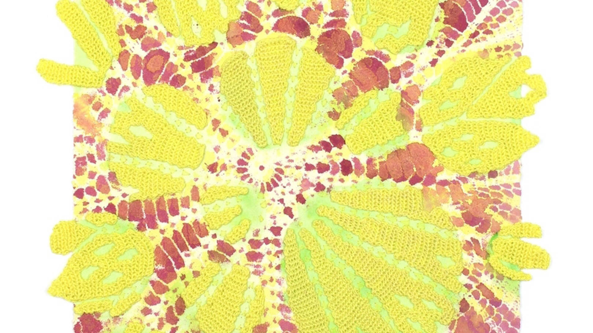 2D Artwork featuring bright yellow leaf shape patterns on a celled burgundy background.