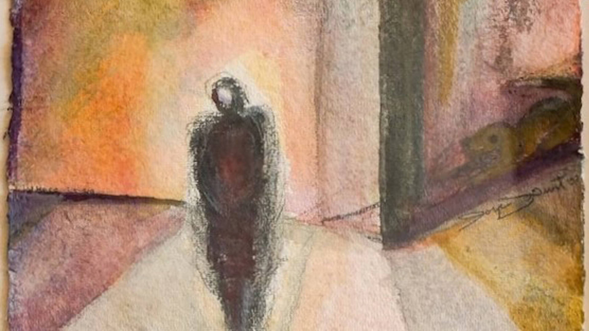 An abstract painting with faded colors of yellow, olive green, orange and browns depicting a dark figure standing. Artwork by Joyce Gust.