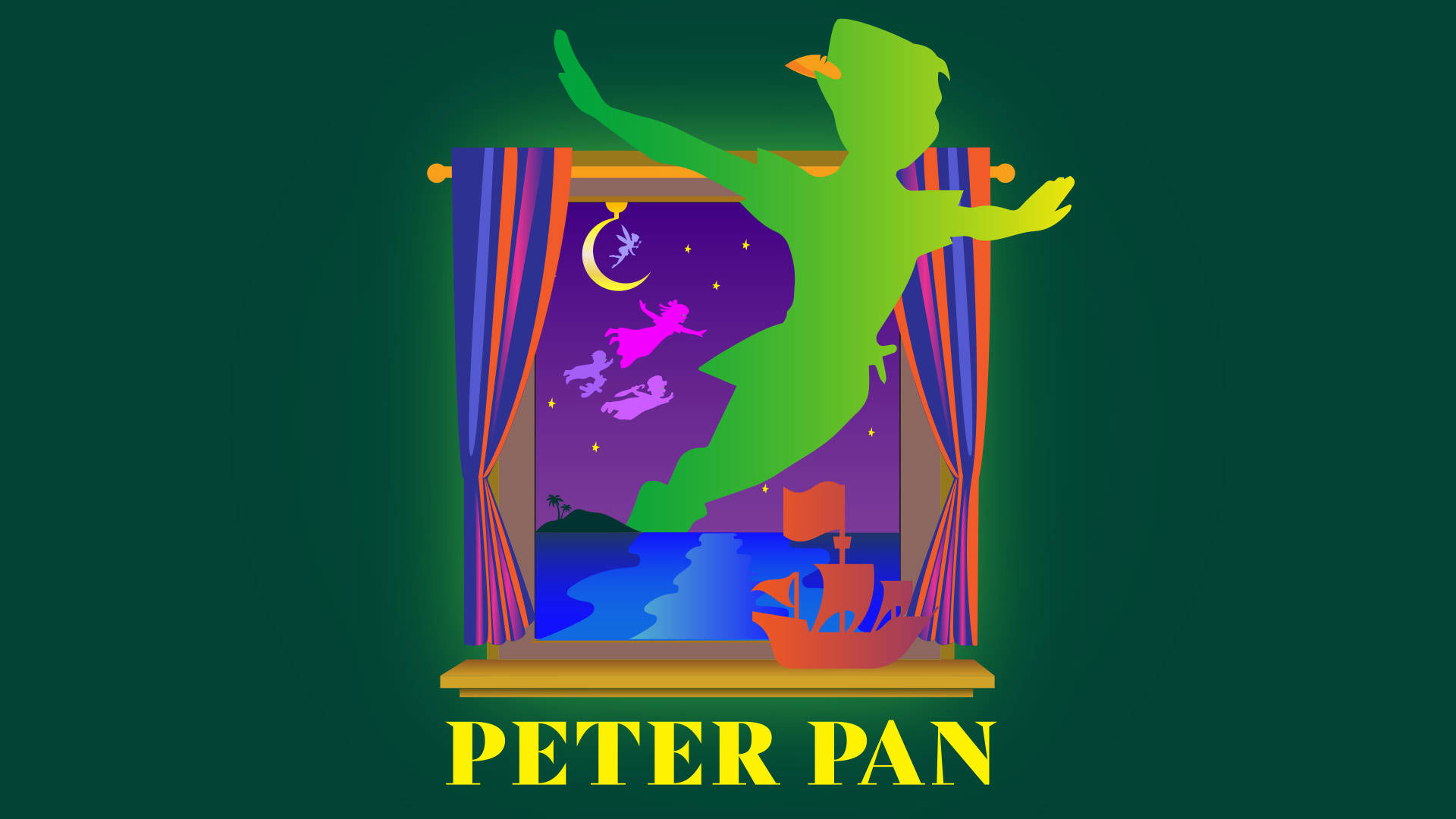 A bright illustration of Peter Pan's silhouette flying through a window