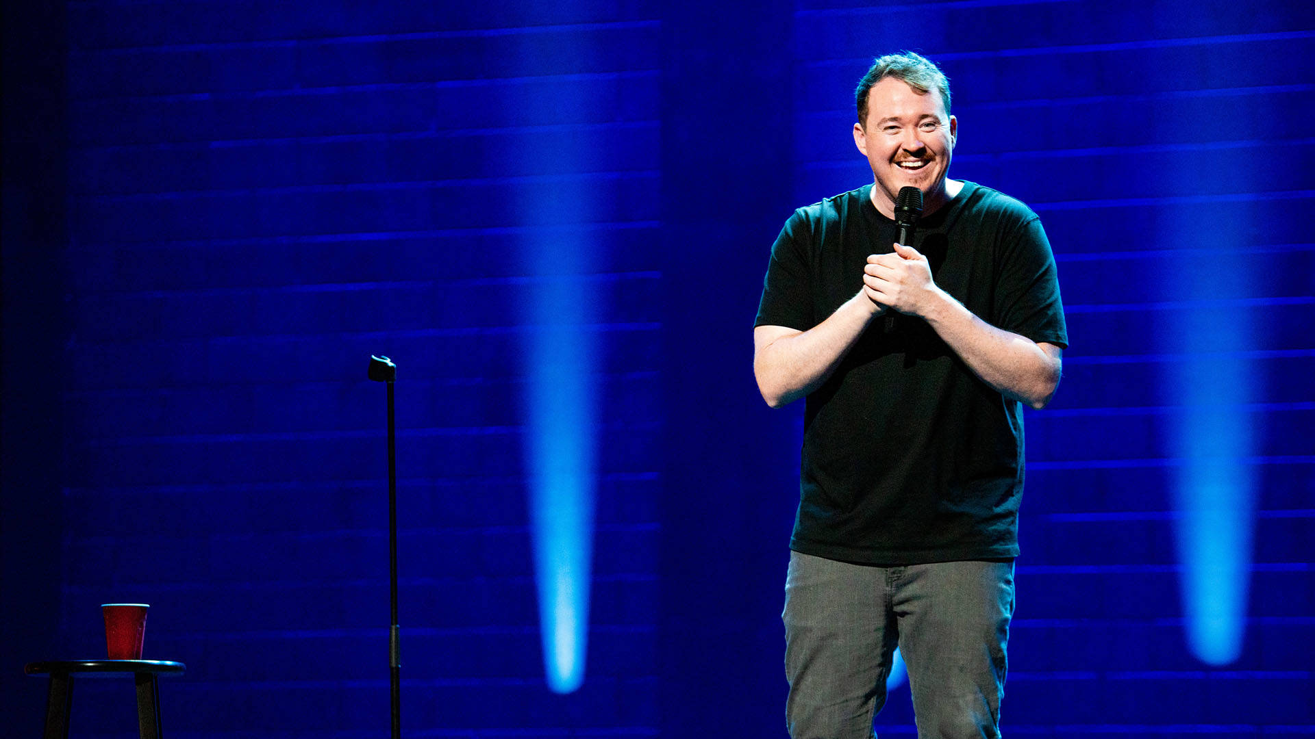 A man with light complexion, short brown hair, and a black tshirt performing standup comedy against a dark blue brick backdrop.