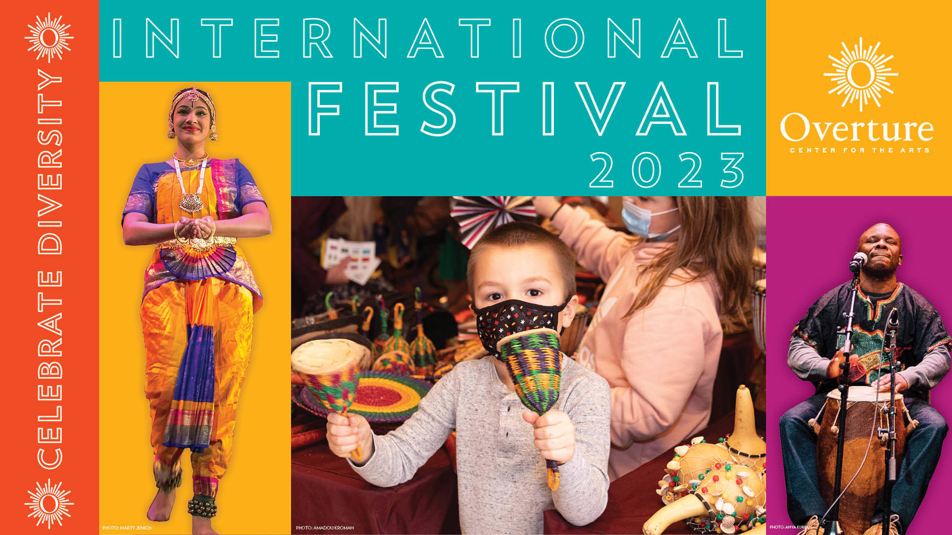 Banner reads: Celebrate diversity. International Festival 2023. Colorful blocks feature three images of International Fest performers and a young attendee, with the Overture logo.