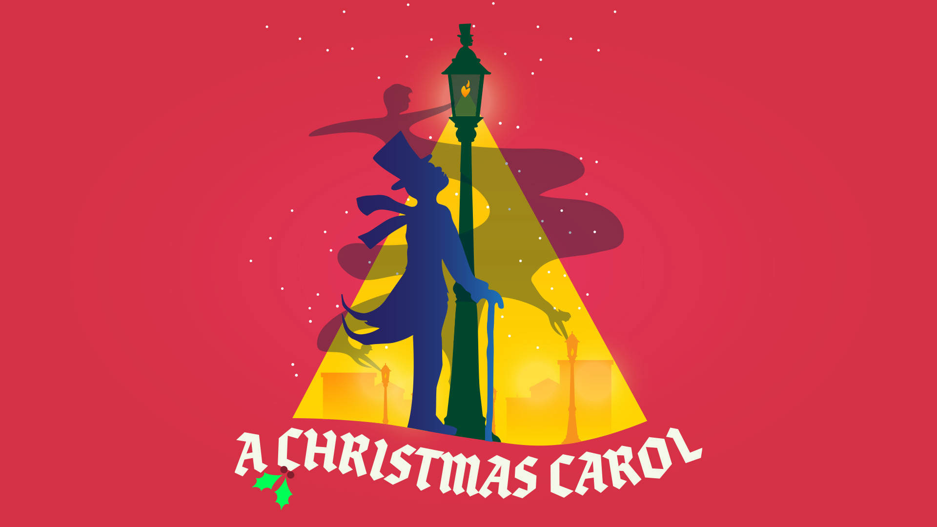 A bright illustration of a silouette of a man with a walking stick, coattails and a top hat next to a lantern