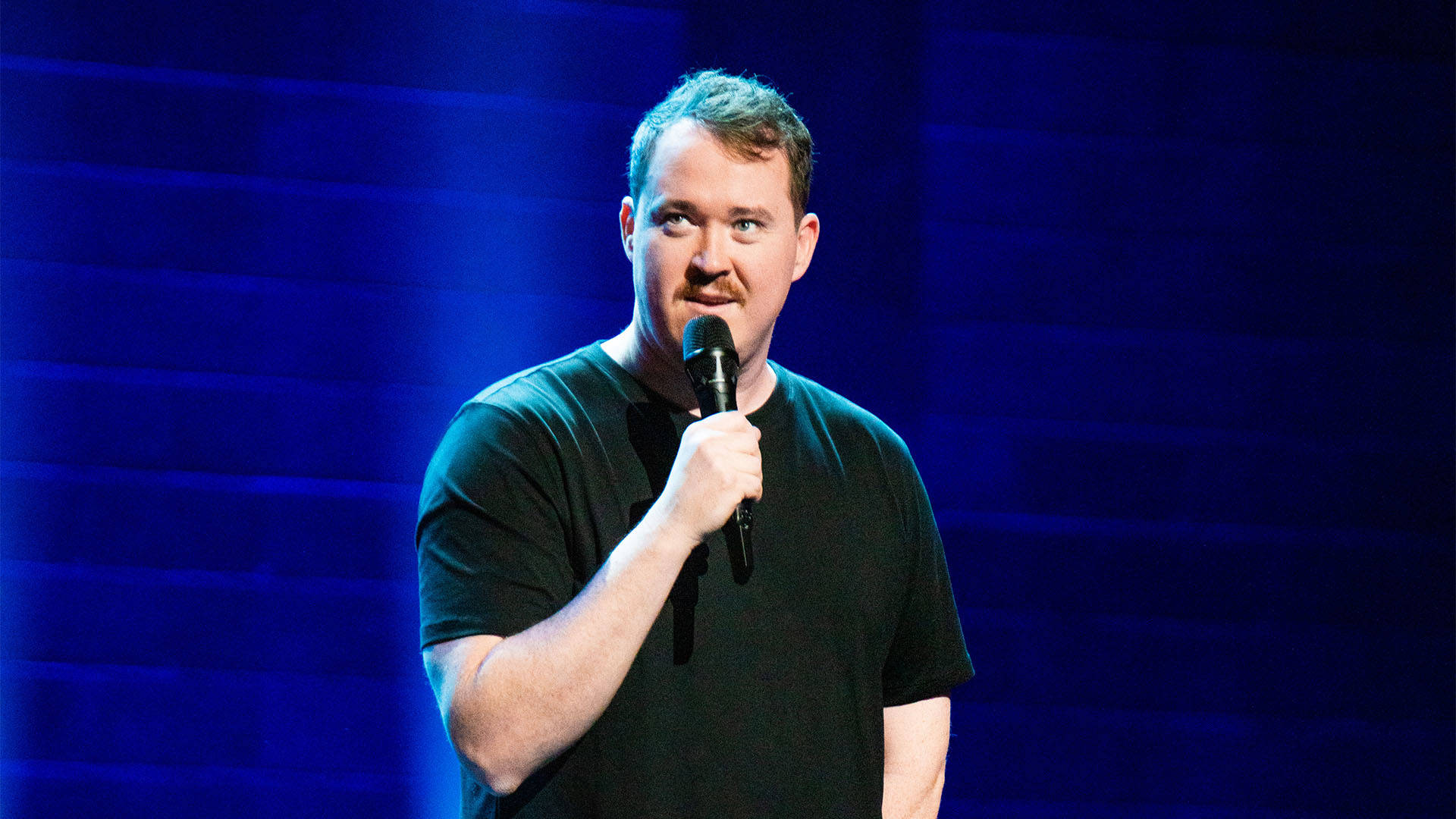 A man with light complexion, short brown hair, and a black tshirt performing standup comedy against a dark blue brick backdrop.