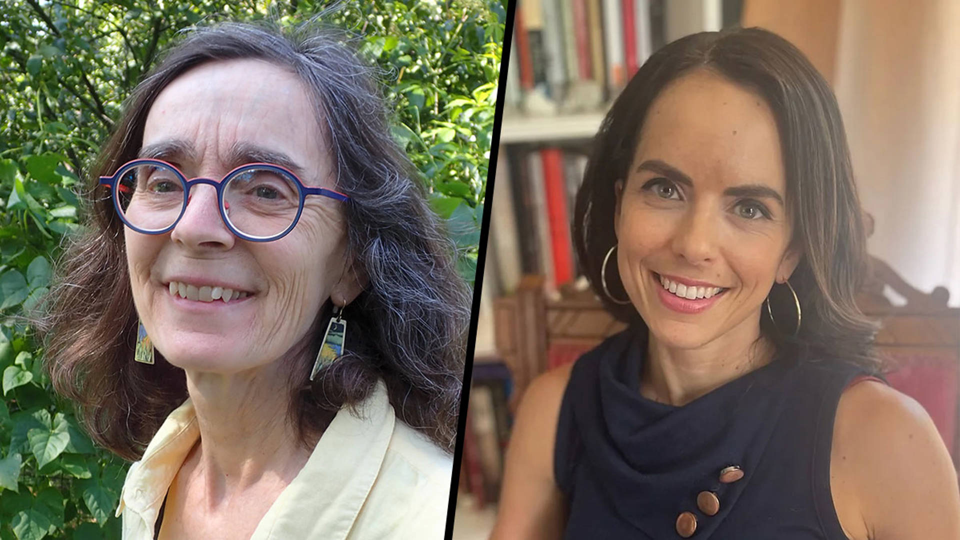 Two headshots of Watrous Gallery artists. The left side headshot is of a middle aged woman with light complexion, long greyish-brown hair, and glasses outdoors. The right headshot is of a younger woman with light complexion, medium length brown hair and grey eyes in a library.
