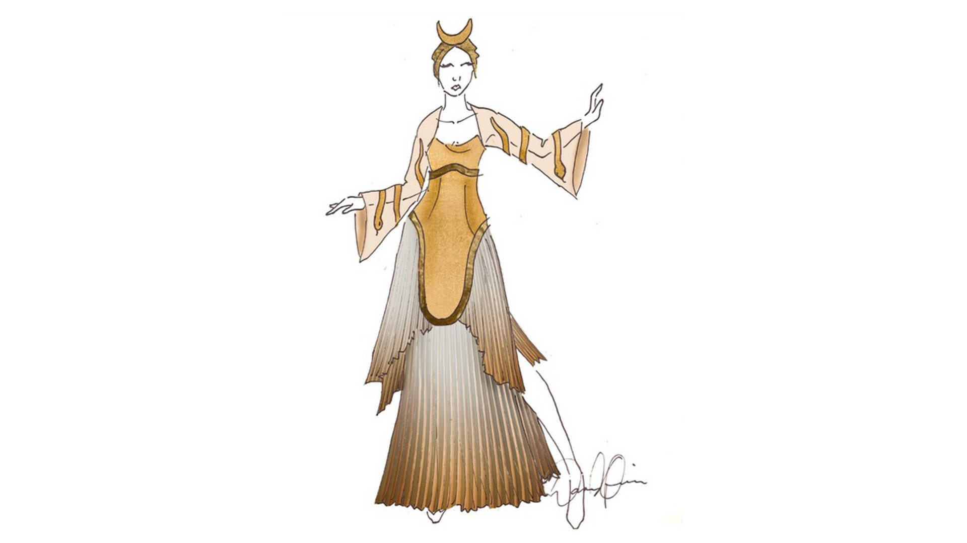 Drawingof a woman in a flowing gold dress.