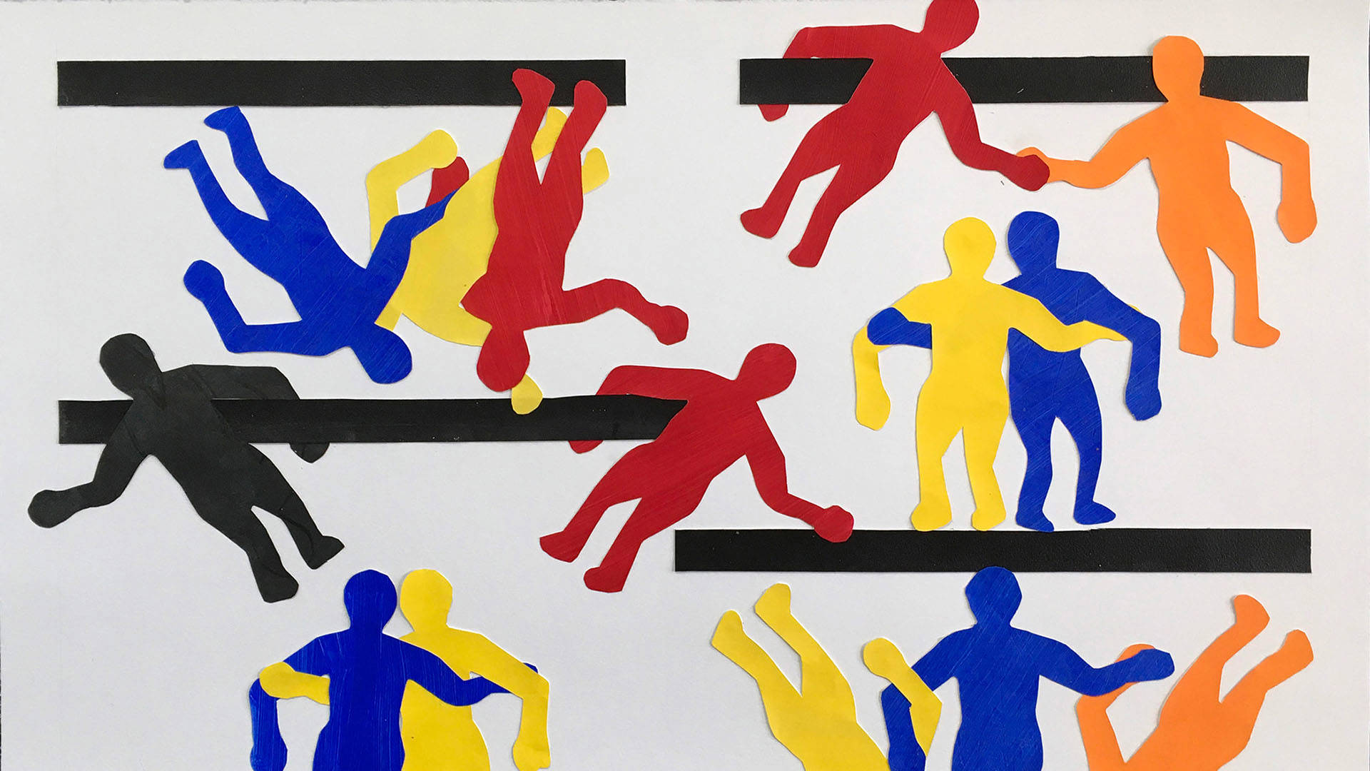 Black, blue, red, yelow and orange paper silhouettes arranged to look like they are tumbling along four horizontal black bars on white background.