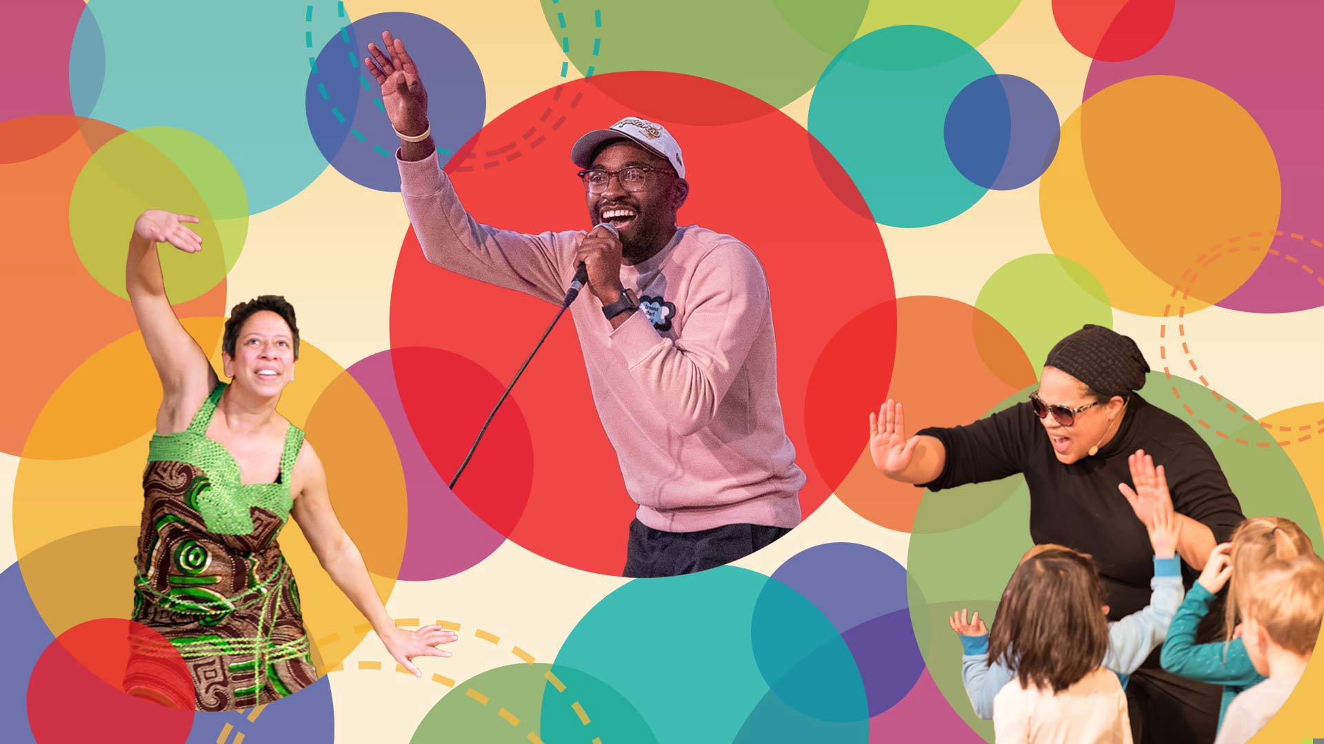 Colorful digital bubbles floating on a light yellow banner. In three large bubbles each is a Kids in the Rotunda performer with their hands raised and smiling.
