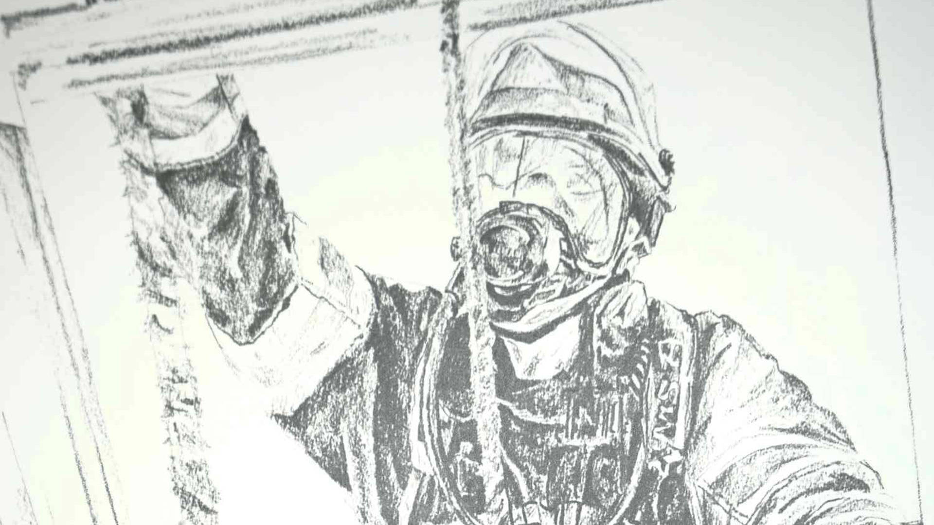 Cropped black and white drawing of a firefighter scaling a window with a mask on. Artwork by Katharina Marchant.