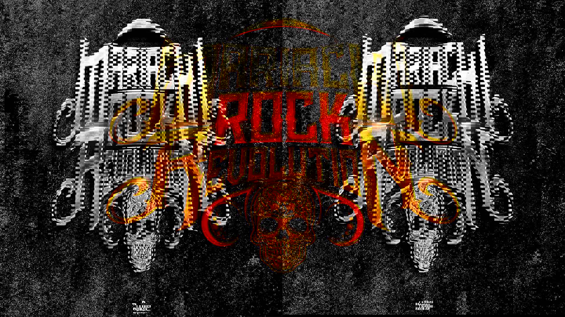 Banner text, in large metalic golden and red lettering, reads, "Mariachi Rock Revolution" The logo includes a golden skull and the background is a textured charcoal color.