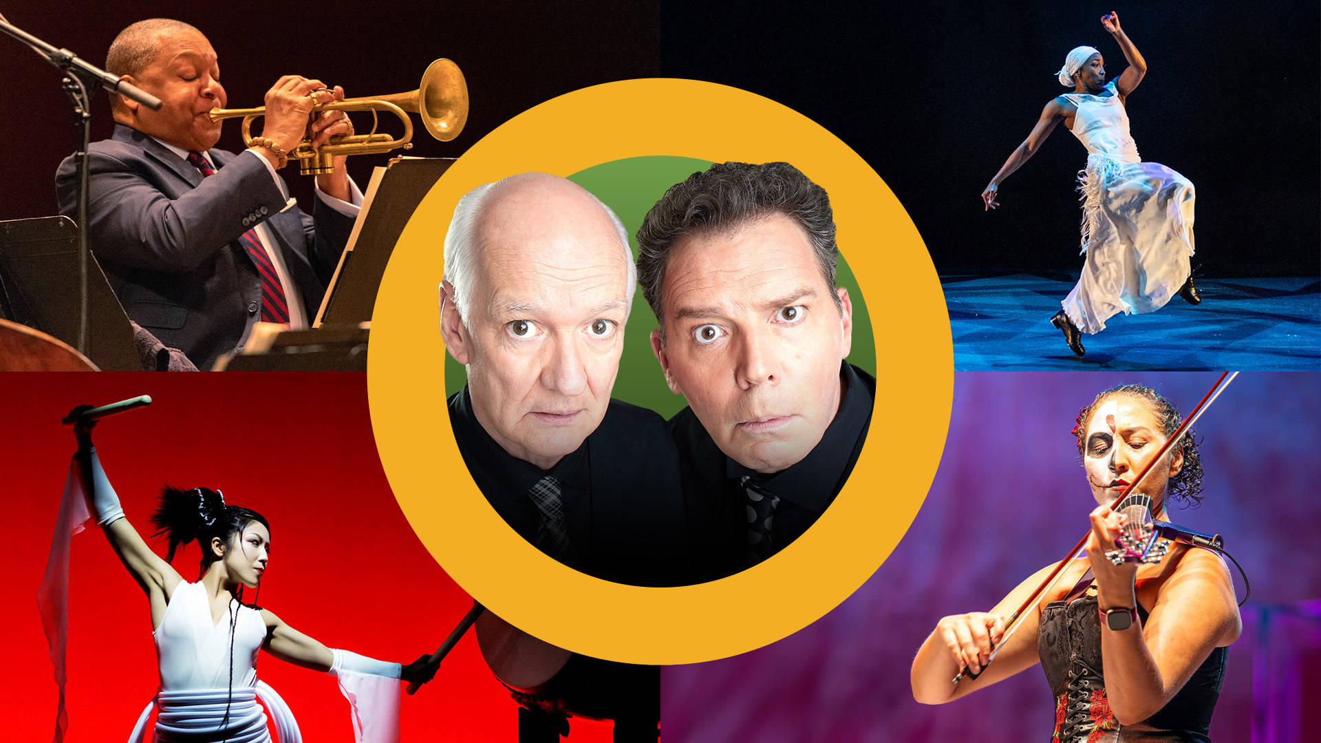 A composite image of 5 photos with one being in the center with a large yellow "O" surrounding it. Images include: Wynton Marsalis, an older black man playing the trumpet in a suit; a woman with medium complexion playing an electric violin with skull make-up covering half her face, an asian woman in white hitting a large drum, a black woman in white dancing and two older white men making curious faces in the center yellow "O."