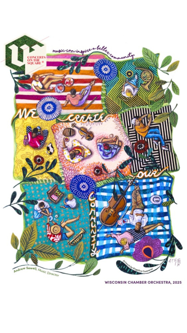 Artwork of people lounging and picnicking on colorful blankets.