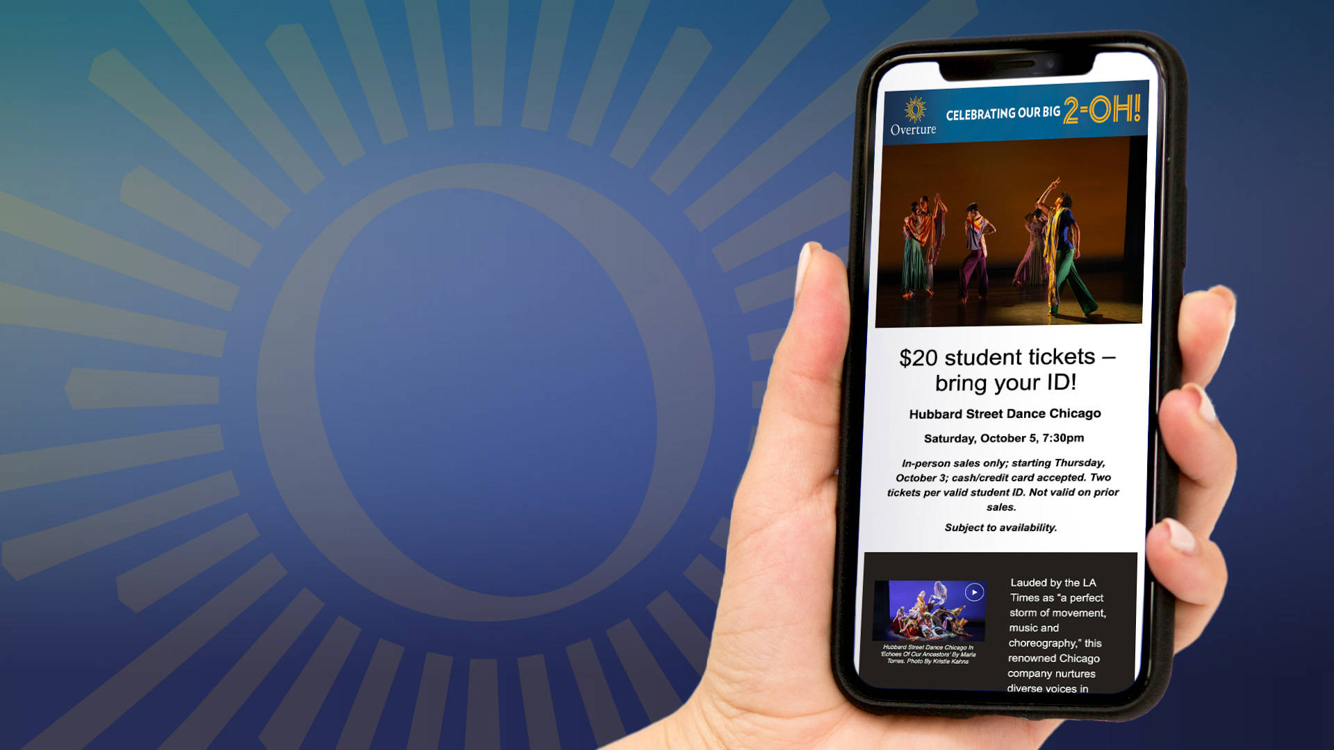 A mobile phone showing an Overture email that has a $20 student rush offer.