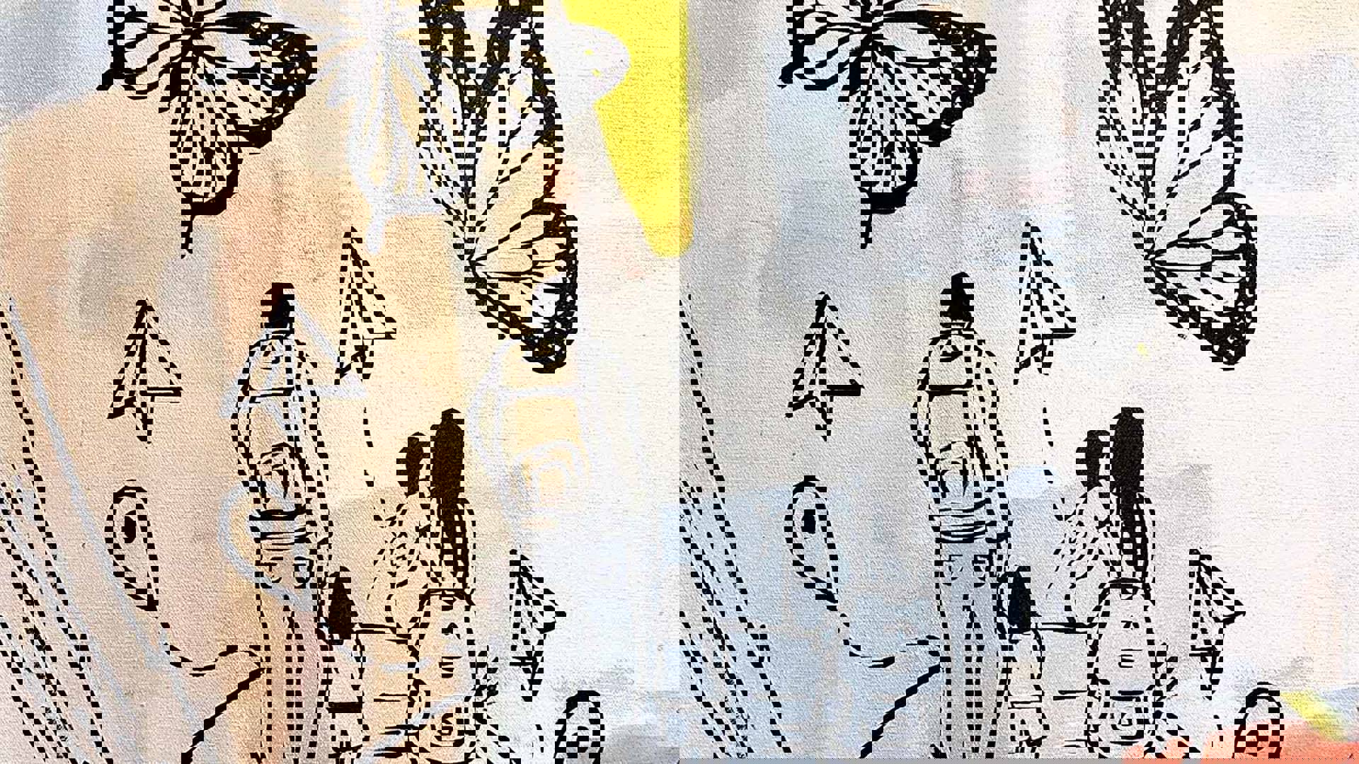 Mostly black and white artwork depicting a family with backpacks traveling as well as paper airplanes and butterflies.