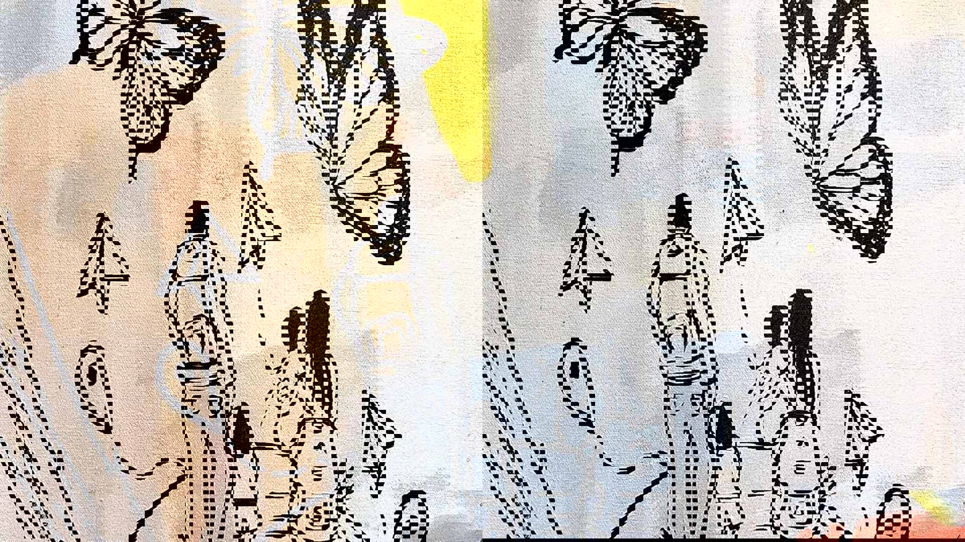 Mostly black and white artwork depicting a family with backpacks traveling as well as paper airplanes and butterflies.