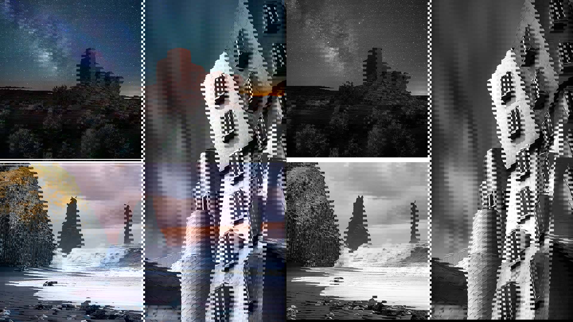 Collage of three images, two are evening landscapes of the ocean and desert, the other is black and white of abstract metal buildings.