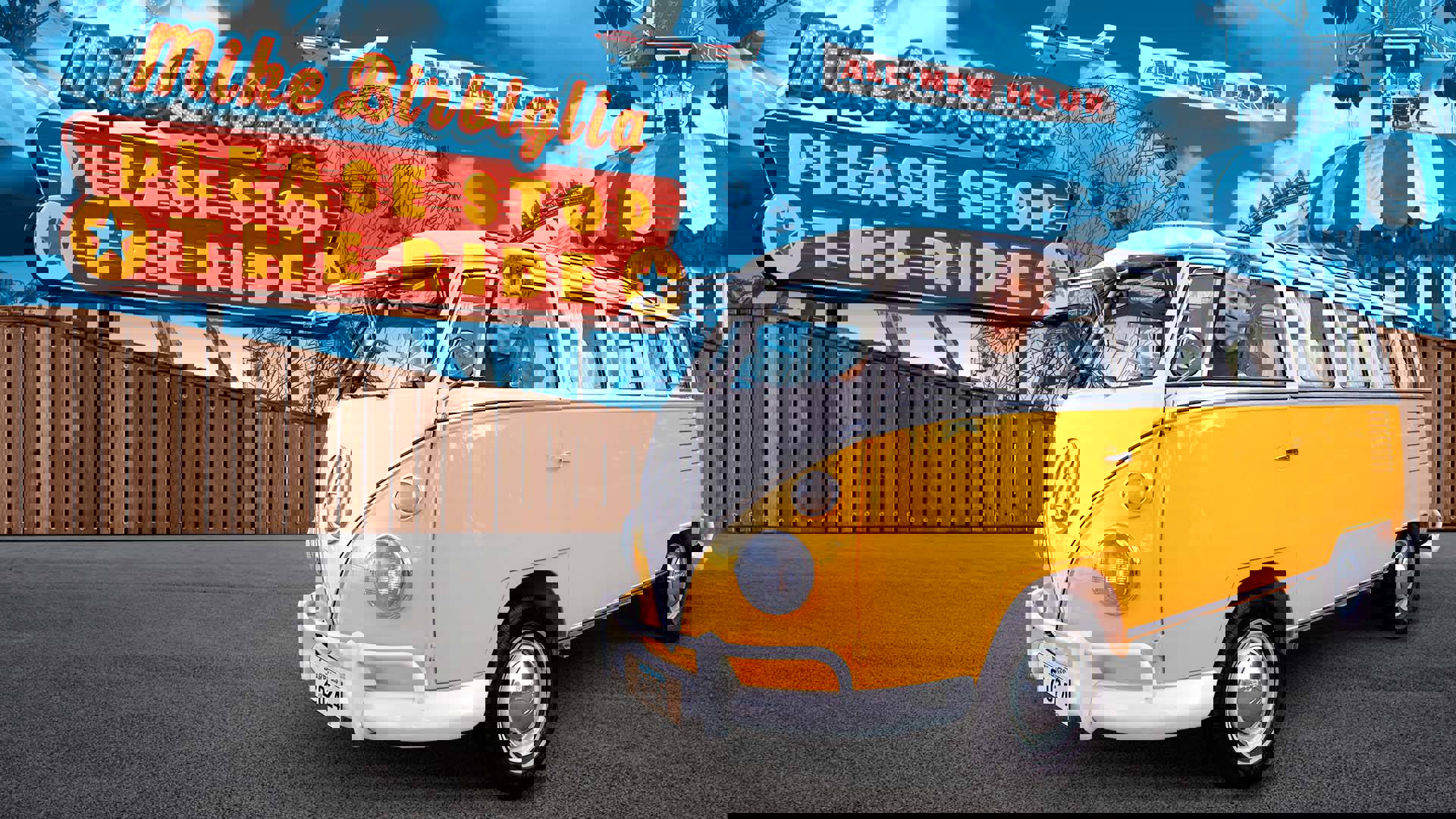 Banner text reads: "Mike Birbiglia Please Stop the Ride. All New Hour". Birbiglia, a middle aged white man with short brown hair sticks his head out of a yellow vintage Volkswagen bus. In the background there are a variety of carnival rides in a blue hue.