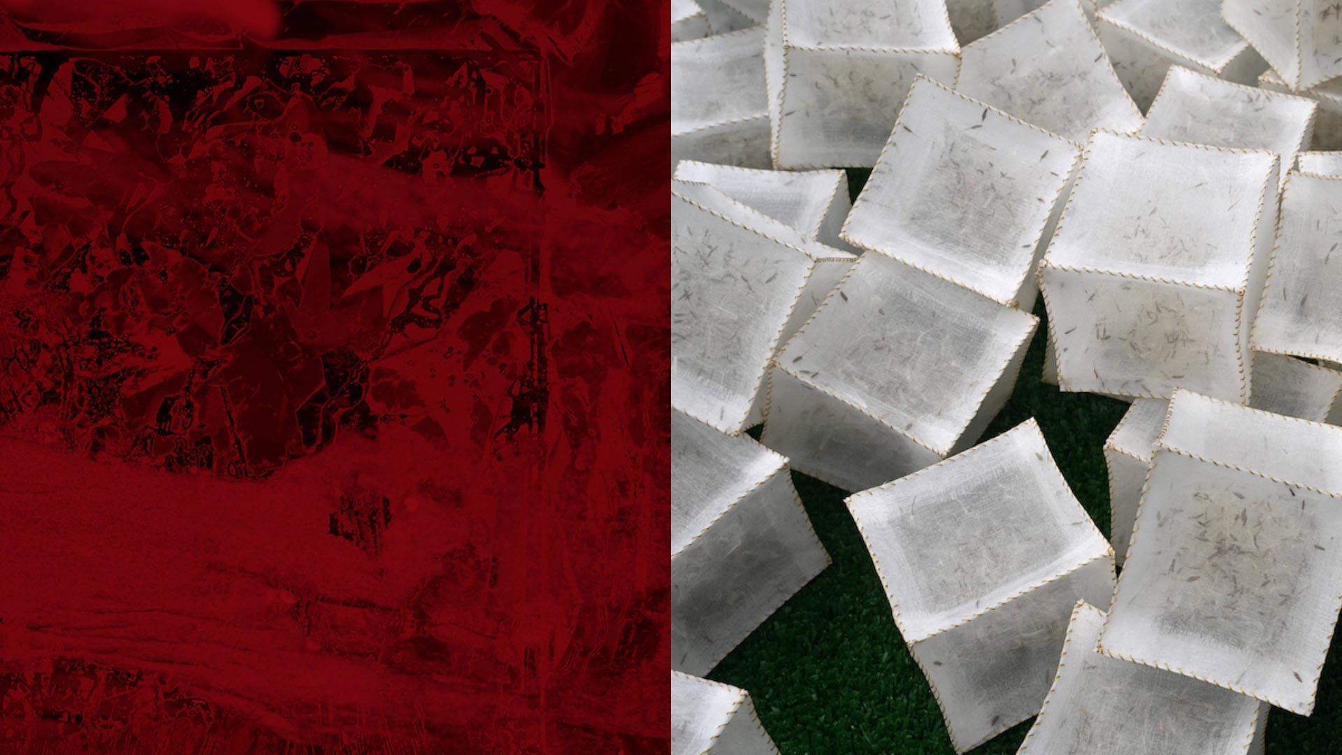Two pieces of art side by side. One is a mixture of brush strokes and paint splatters in reds and blacks. the other is a depitction of white cubes against a grey background.