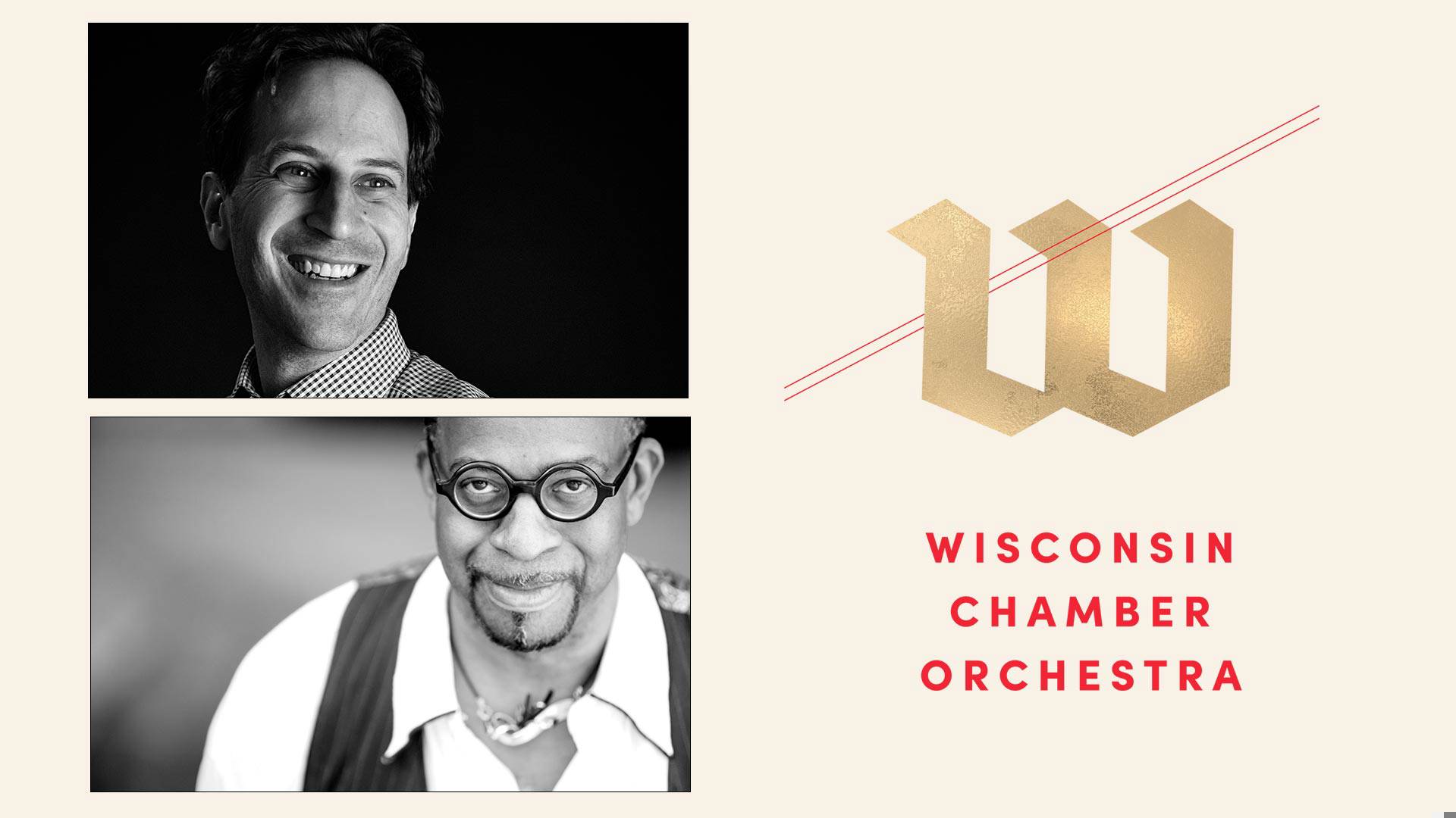 Banner text reads: Wisconsin Chamber Orchestra Banfield & Beethoven. Two black and white headshots of a white man in a checkered collar and an African American man wiith a goatee and glasses