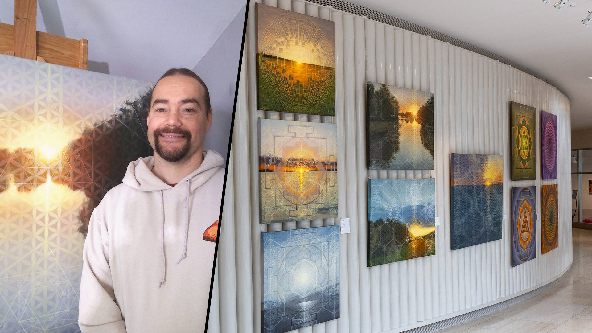 A composite image of 2 photos. One shows Joe Landis, a light complexion man with a brown goatee and hair pulled into a ponytail wearing a taupe hoodie next to a sunrise painting on an easel. The second image shows Rotunda Gallery with Joe's ten paintings on display.