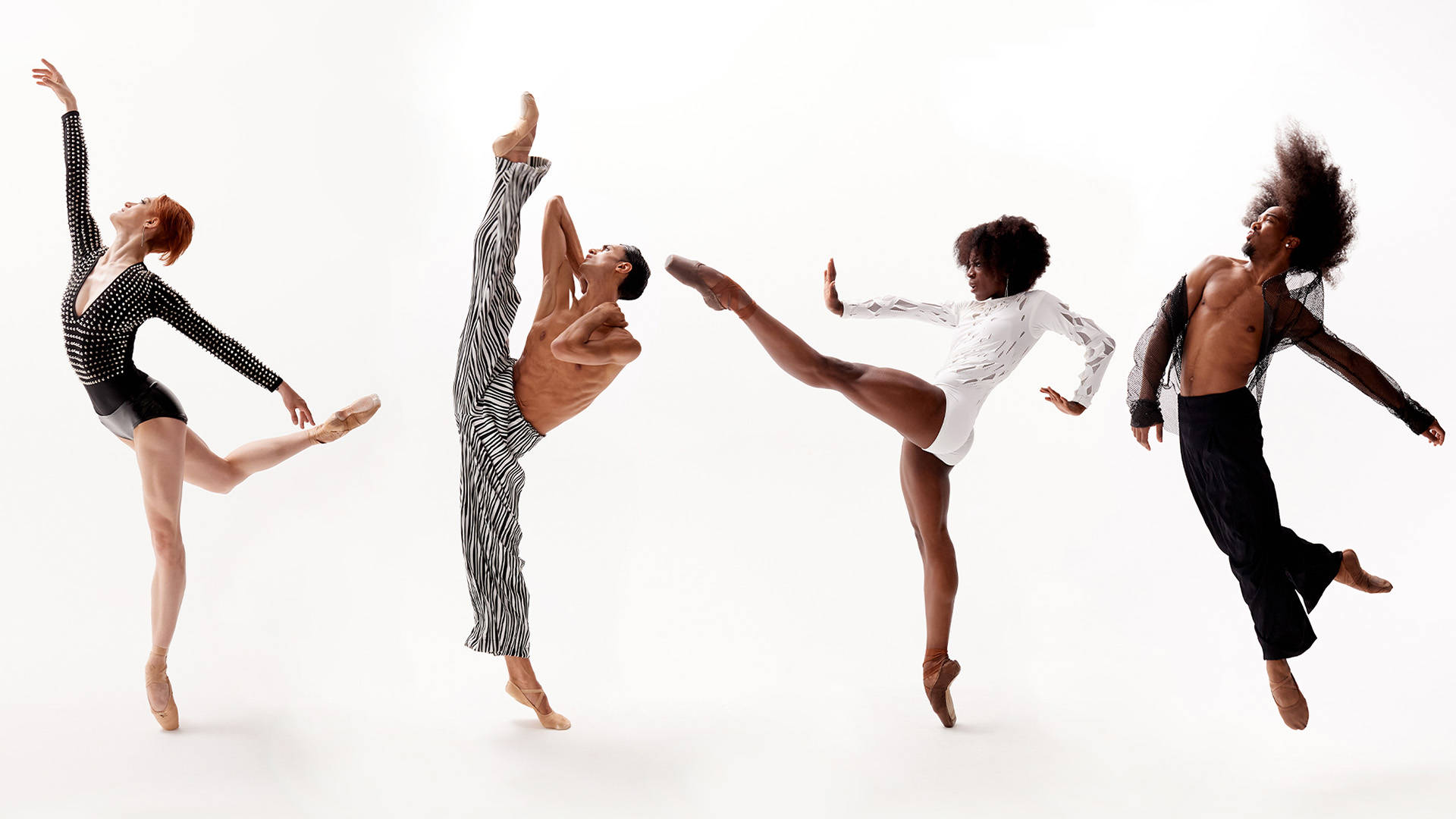 Four contemporary dancers striking dramatic poses against a white background.