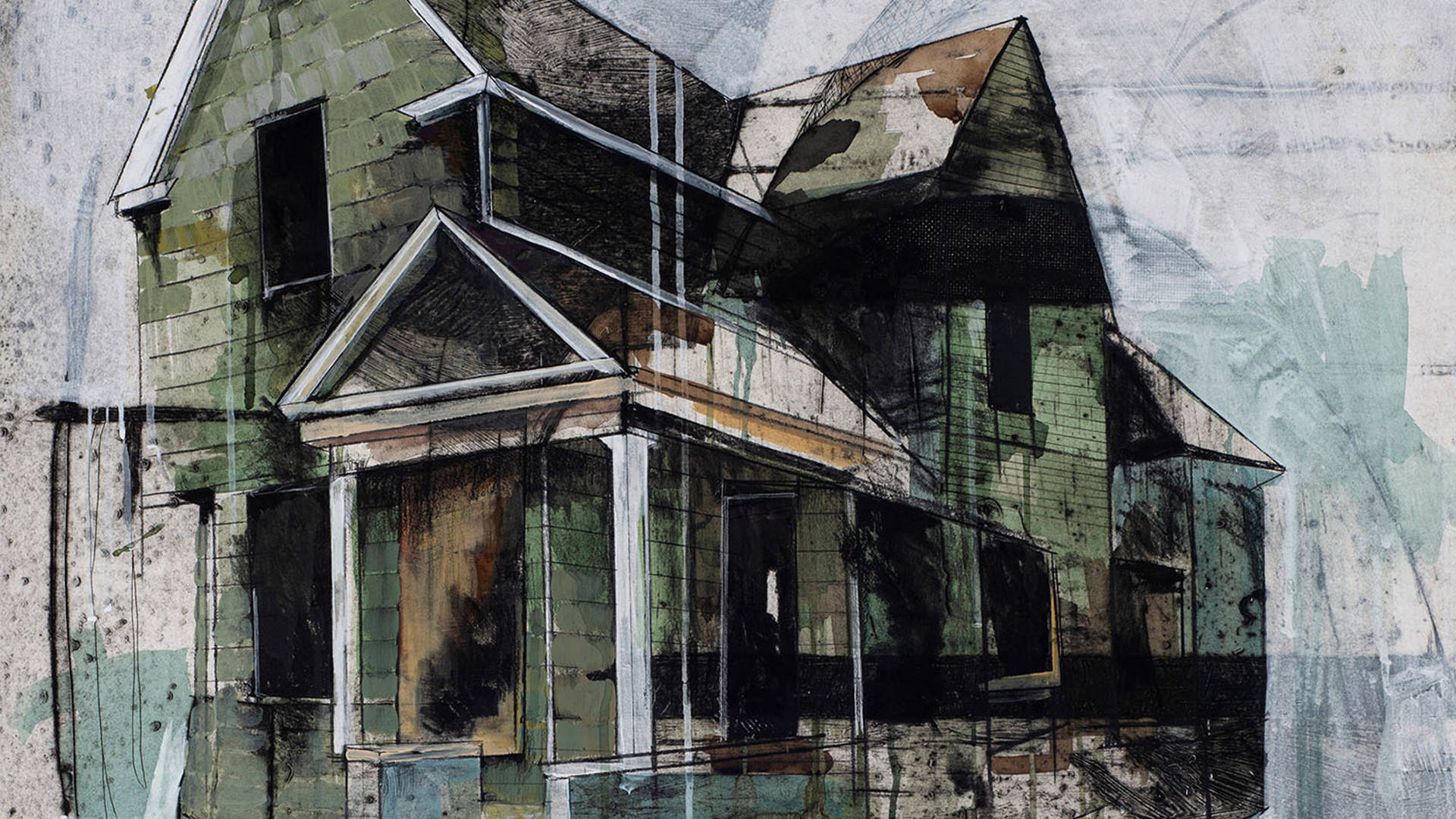 A painting depicting a green house suspended in a white space with various opaque shapes.