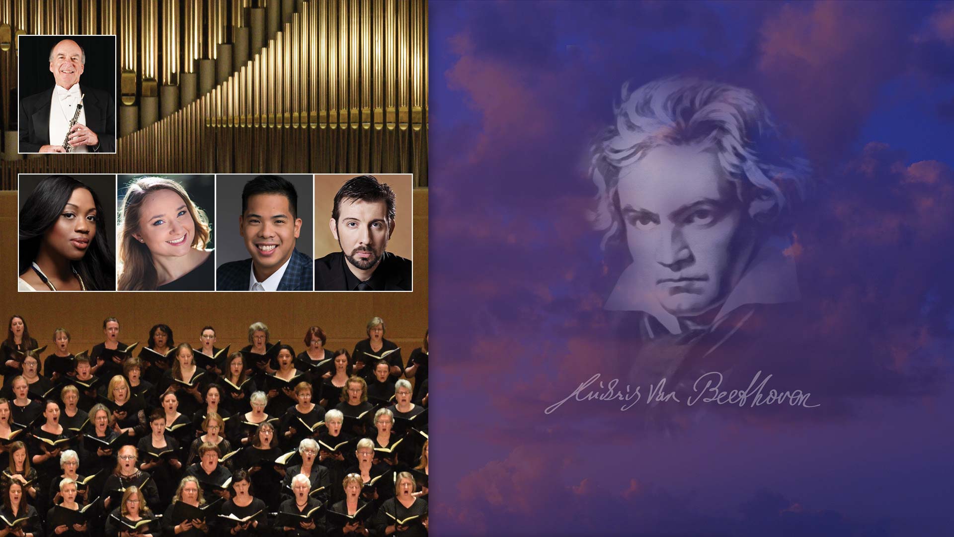 Banner composite image of a drawing of ludwig van beethoven, a choir, and headshots of several performers