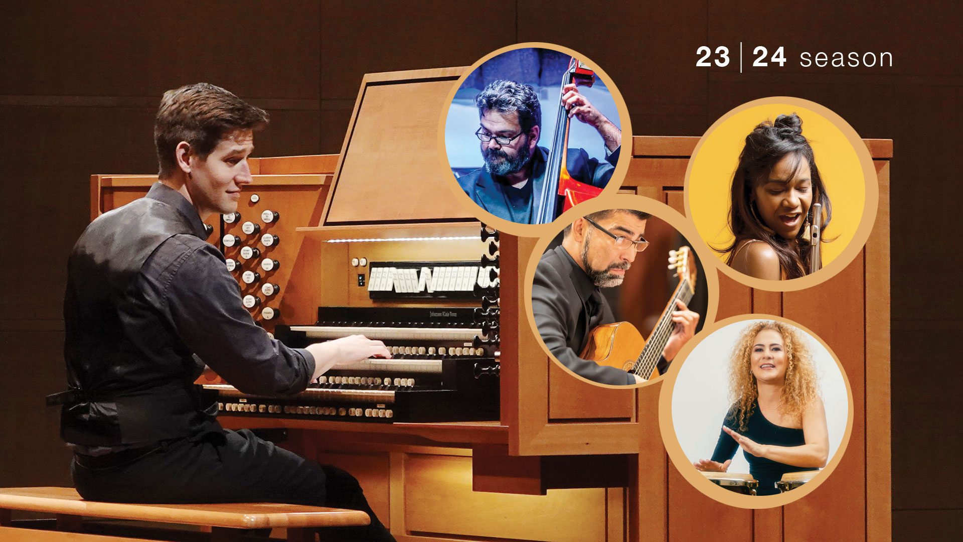 A young man in black with short brown hair sits at an organ console. Four circles contain a bass player, classical guitarist, flautist, and conga player.