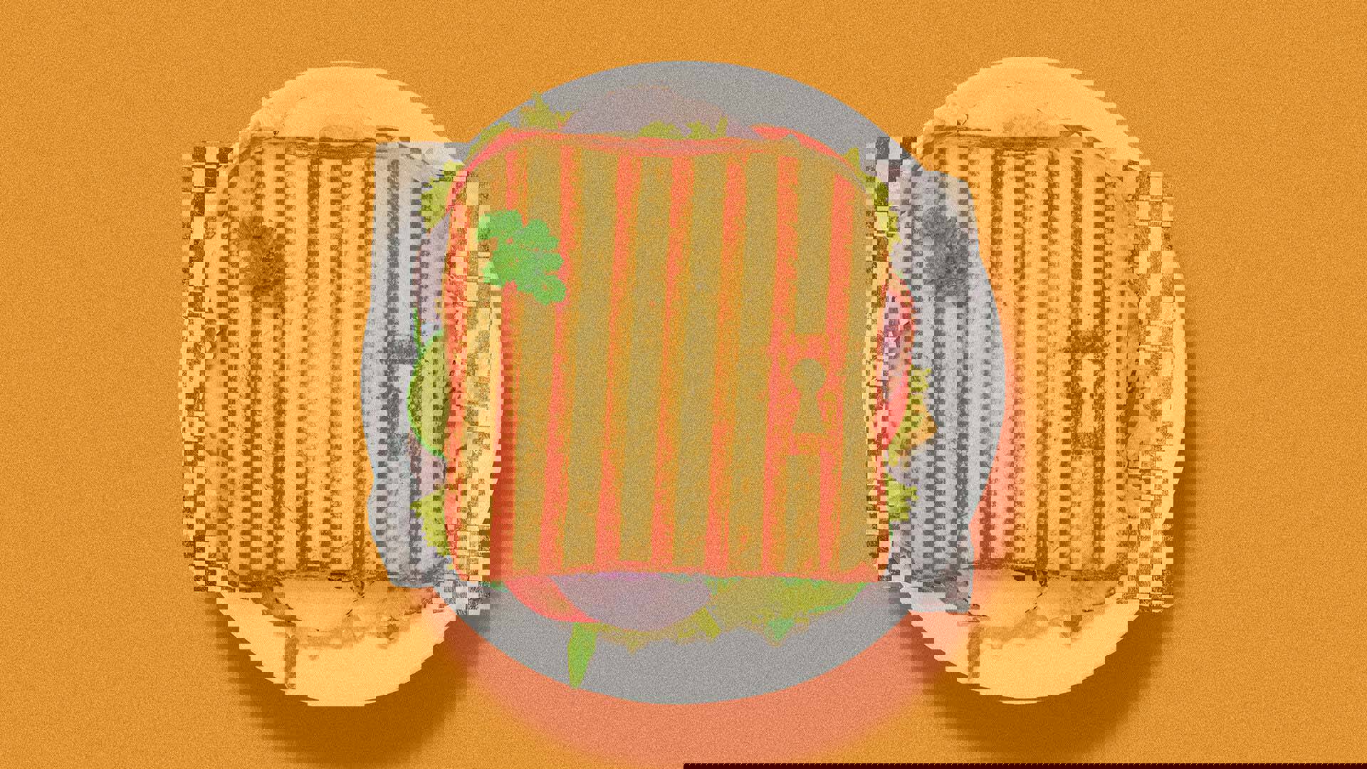 orange banner with a top down view of a grilled sandwich on a white plate.