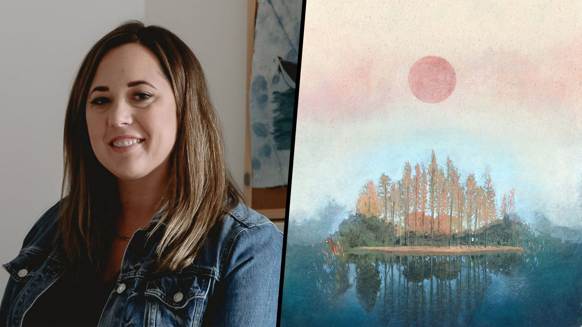A headshot on the left of a woman with light complexion, long brown hair and a jean jacket. On the right, a piece of artwork depicting a line of trees reflecting in water with a light red sun above.