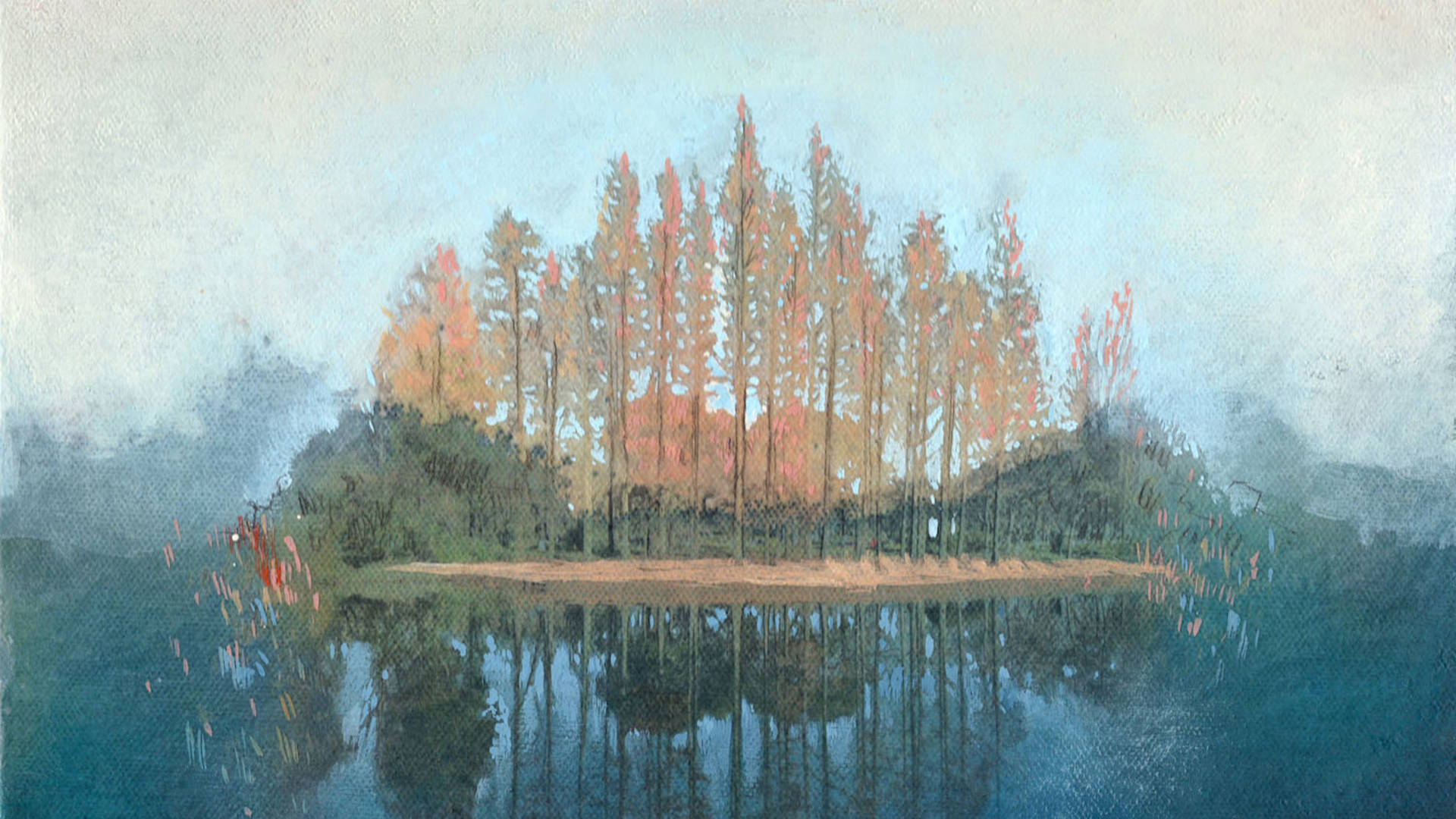 a somewhat impressionist painting of trees and a beach reflecting in a body of water.