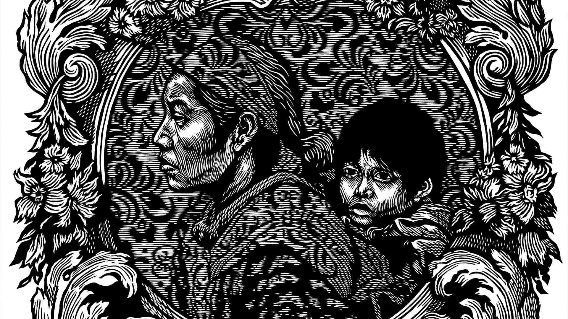 A black and white drawing of a woman carrying a child on her back. They are surrounded by detailed flowers and other plants.