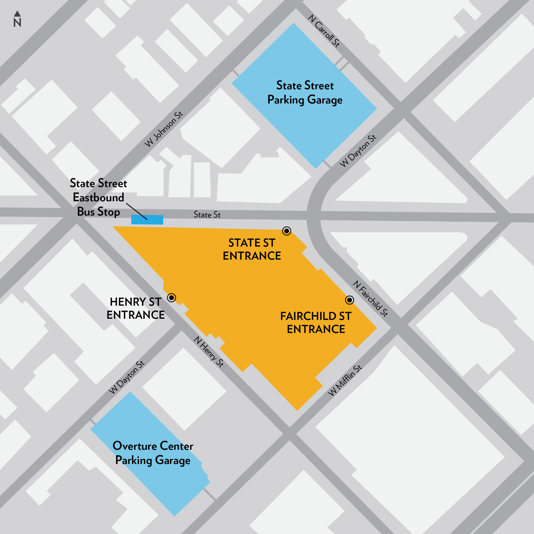 Overture Center parking and entrance map