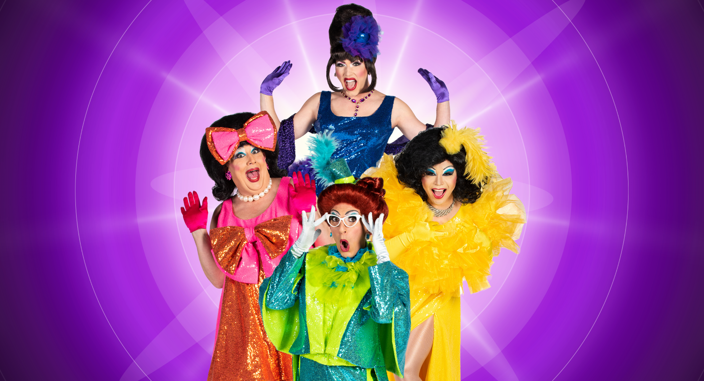 Four performers in colorful drag striking dramatic surprised poses against a purple background.