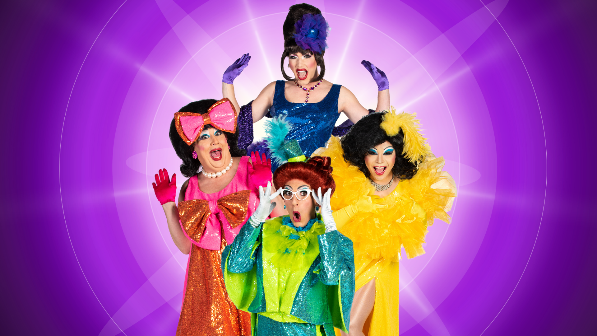 Four performers in colorful drag striking dramatic surprised poses against a purple background.