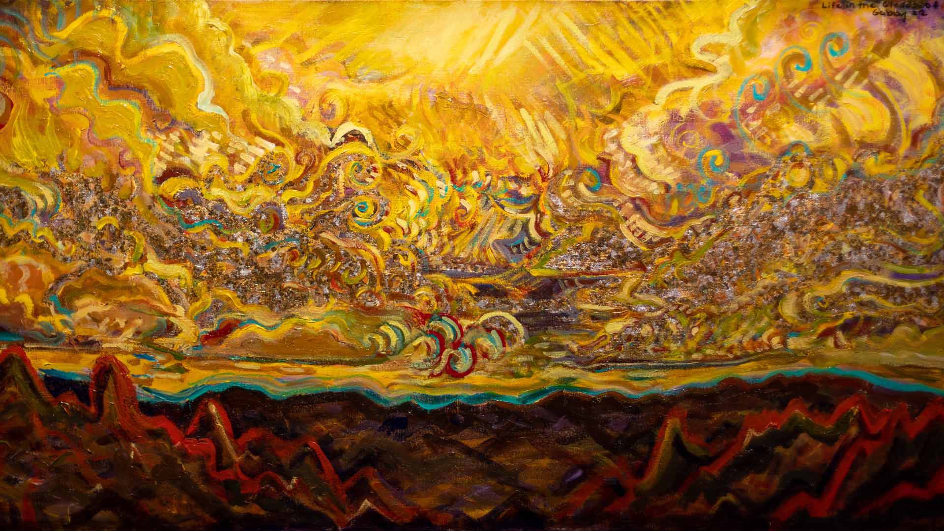 A painting of a golden sky with colorful swirls. Below the sky are brown and red mountainous shapes.
