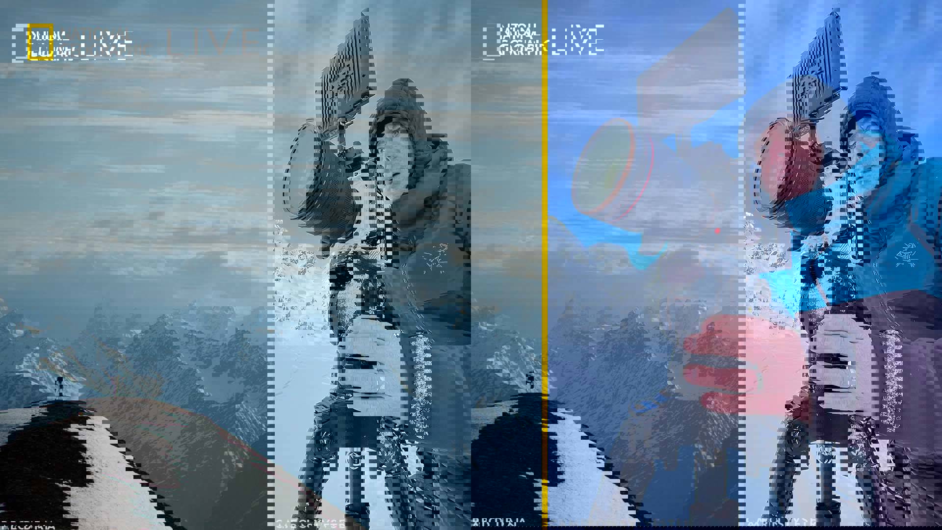 Composite image of a vast snowy mountain range and a caucasian man in a cold snowy wilderness with a camera.