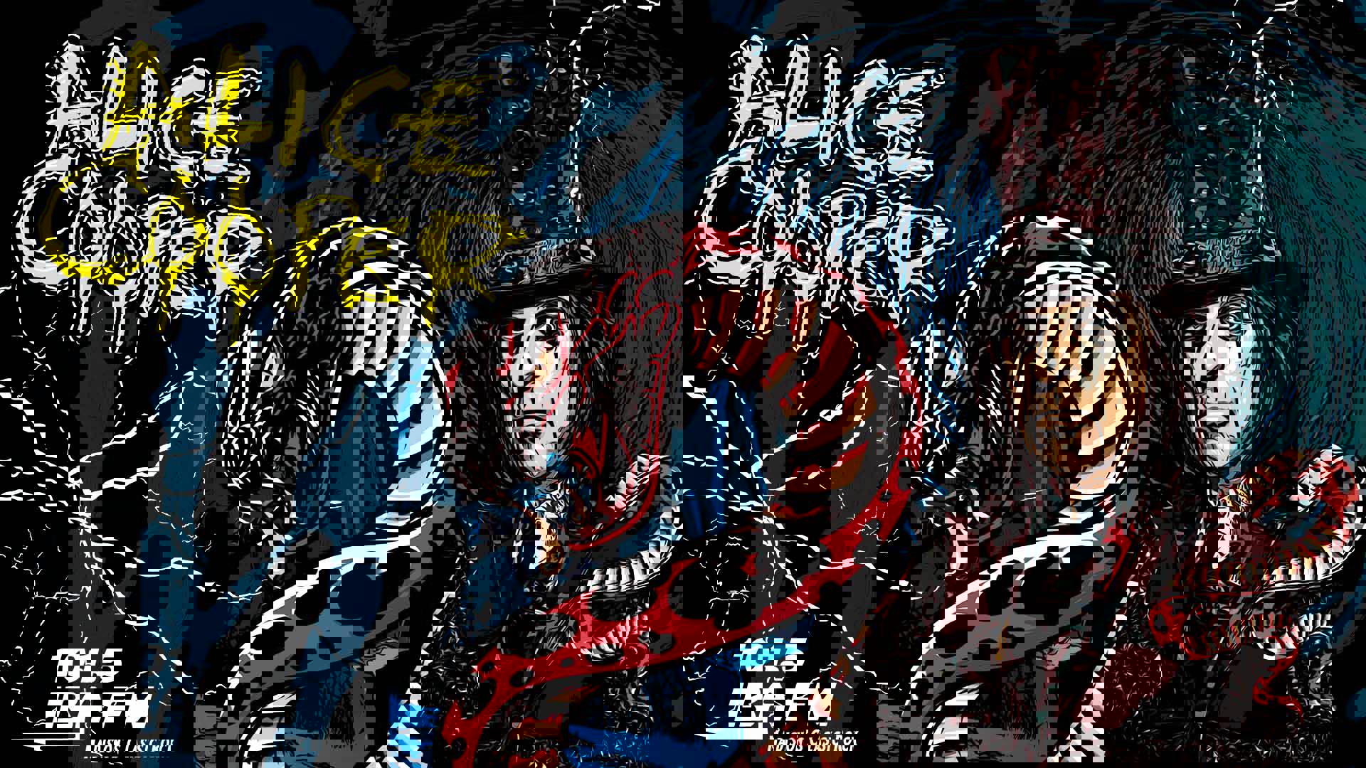 A realistic, cartoon drawing of Alice Cooper. He is wearing a black top hat, a black suit coat and black, leather gloves. He has dark eye shadow and a red and black snake wrapped around his body. A dark blue vortex with lightning swirls behind him. In the upper left corner yellow text reads "Alice Cooper".