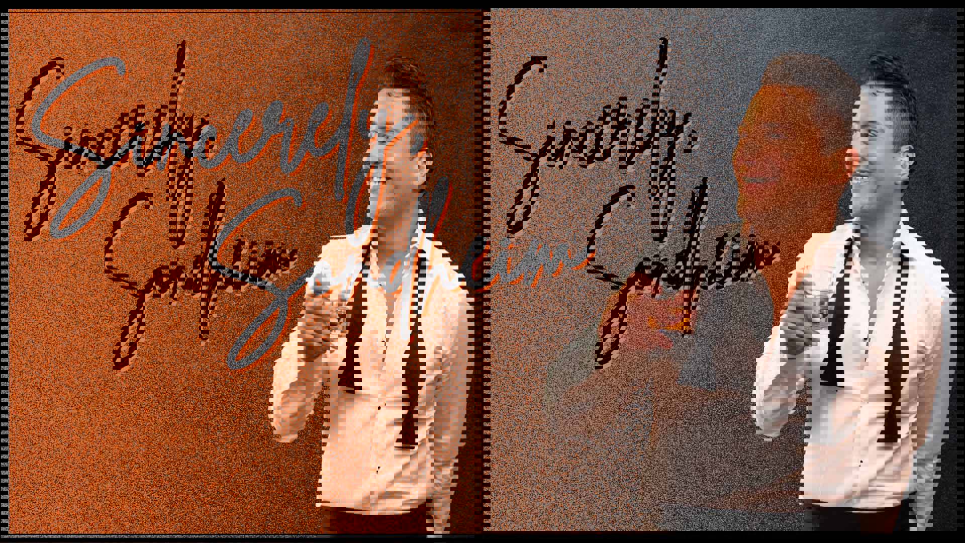 Banner text, in a cursive style, reads: "Sincerely Sondheim". A young man with medium complexion, short dark styled hair, an unbuttoned tuxedo shirt and undone bowtie is smiling and holding a drink in his right hand.