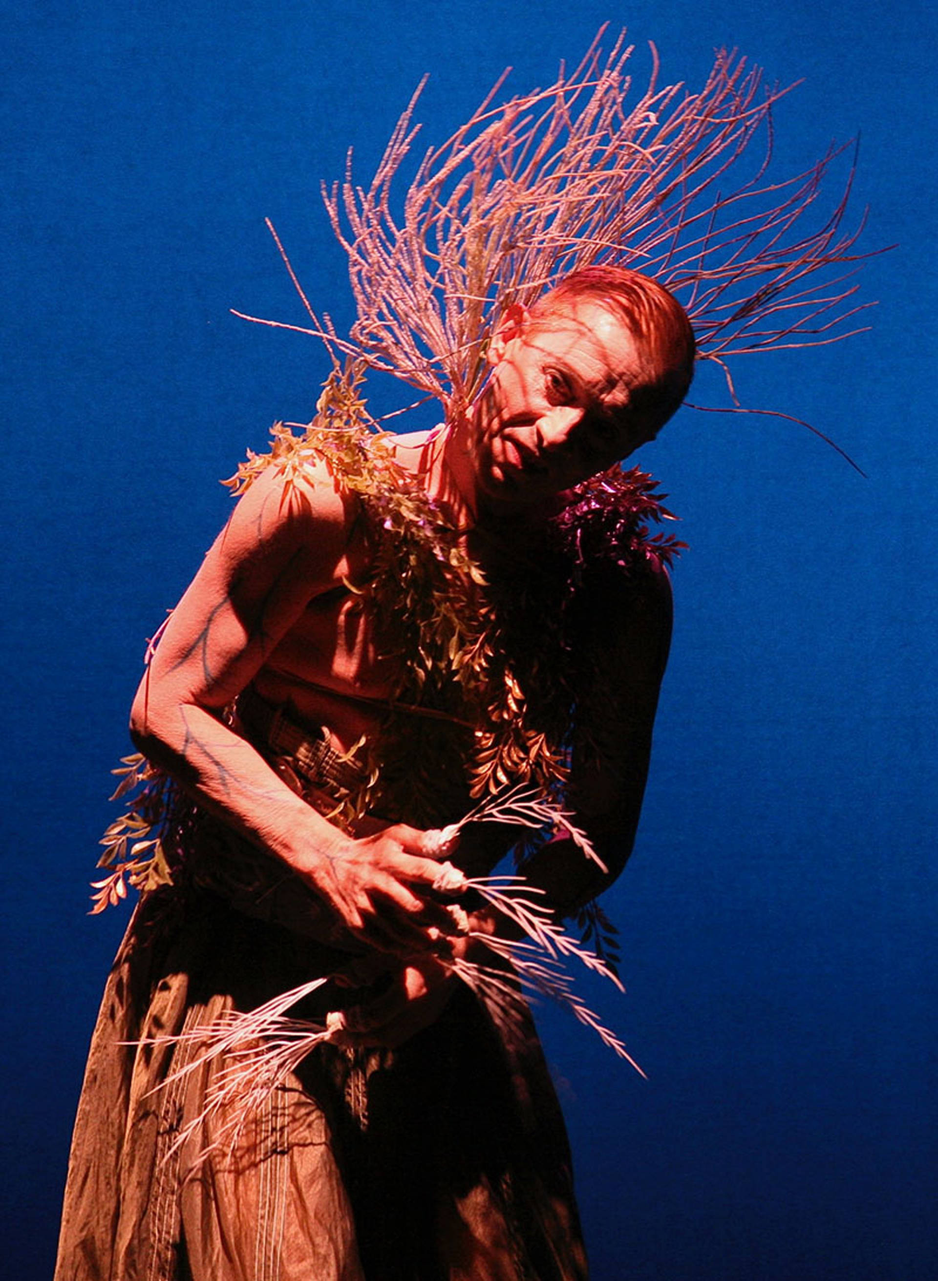 A dancer with a bald head and light complexion in a costume involving many sticks and branches 