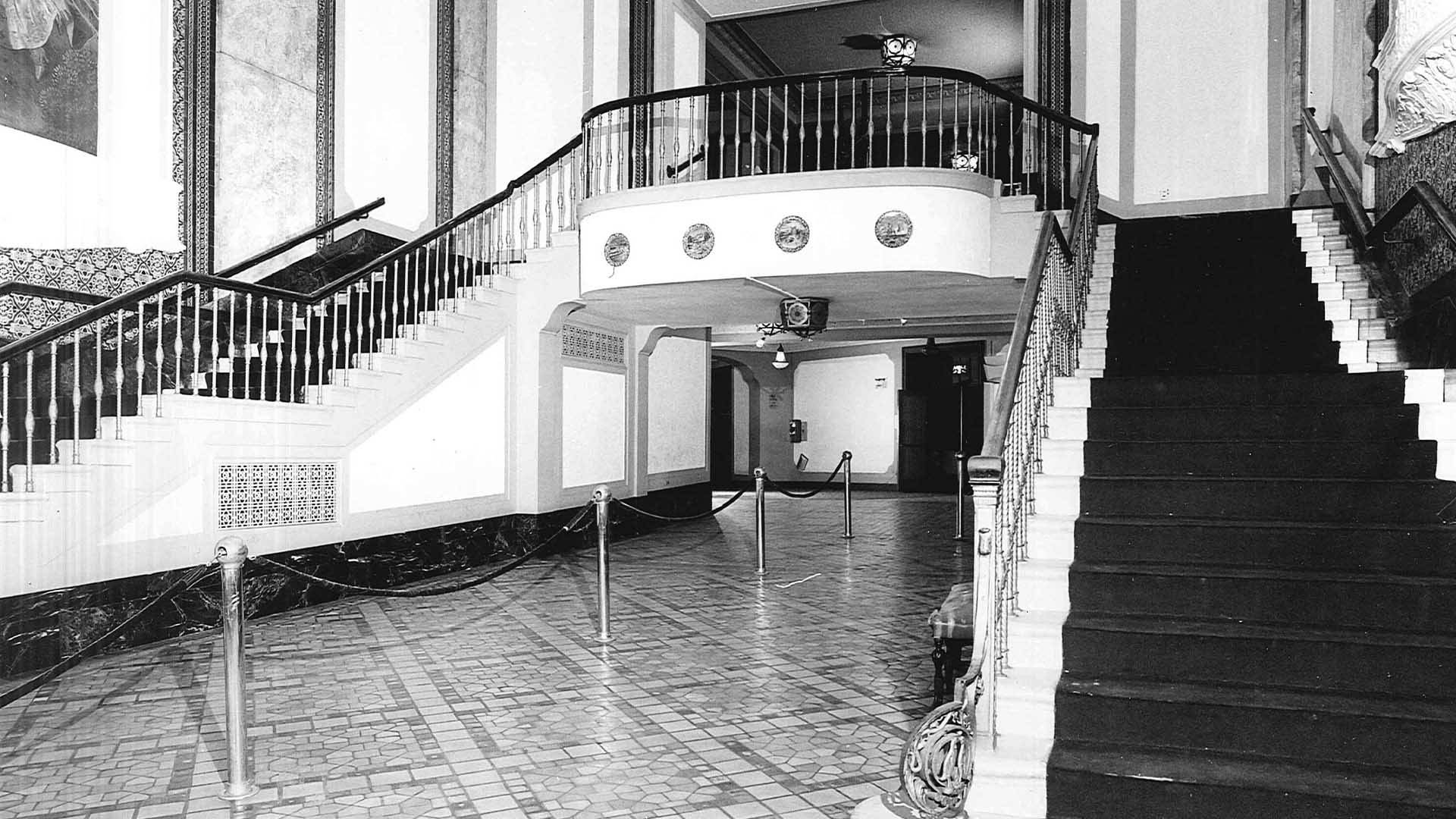 A black and white photo of staircases in Capitol Theater circa 1928.