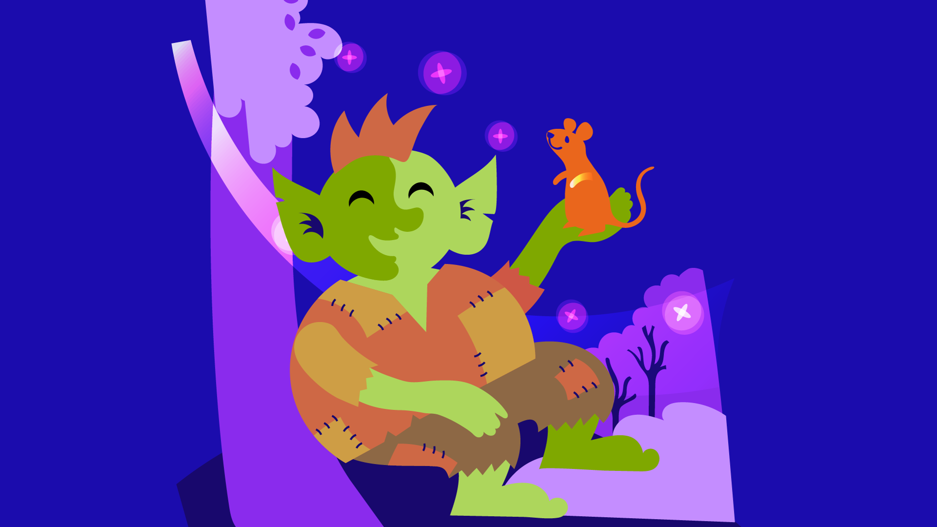 A digital illustration depicting a green goblin-looking character in a brown patched shirt and pants smiling and holding a brown mouse. They are sitting against a tree in a purple forest.