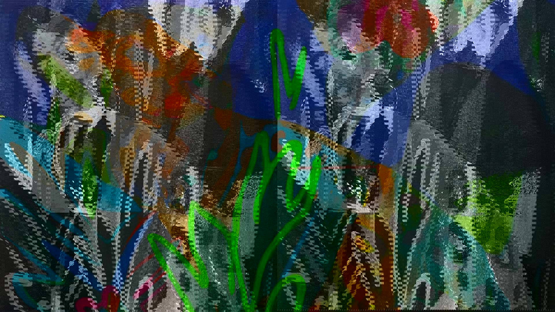 artwork with broad brushwork showing a leopard and plants