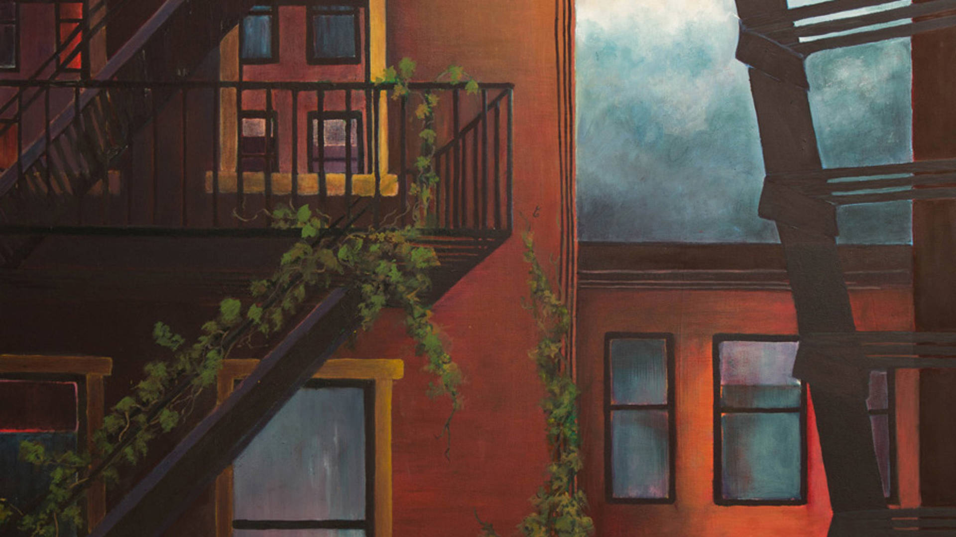 A painting featuring a red apartment facade and fire escape